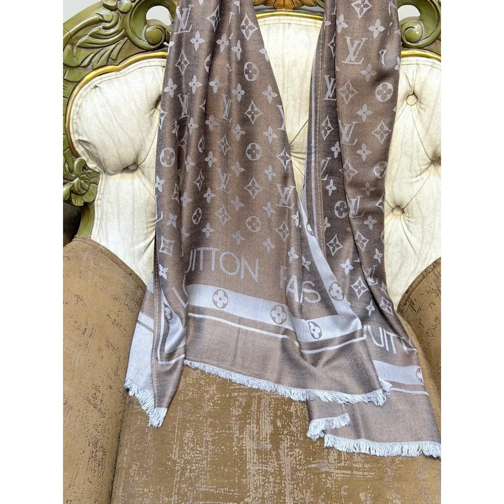 Louis Vuitton Monogram Cashmere Silk Shawl Scarf Brown Silver Fringe Paris